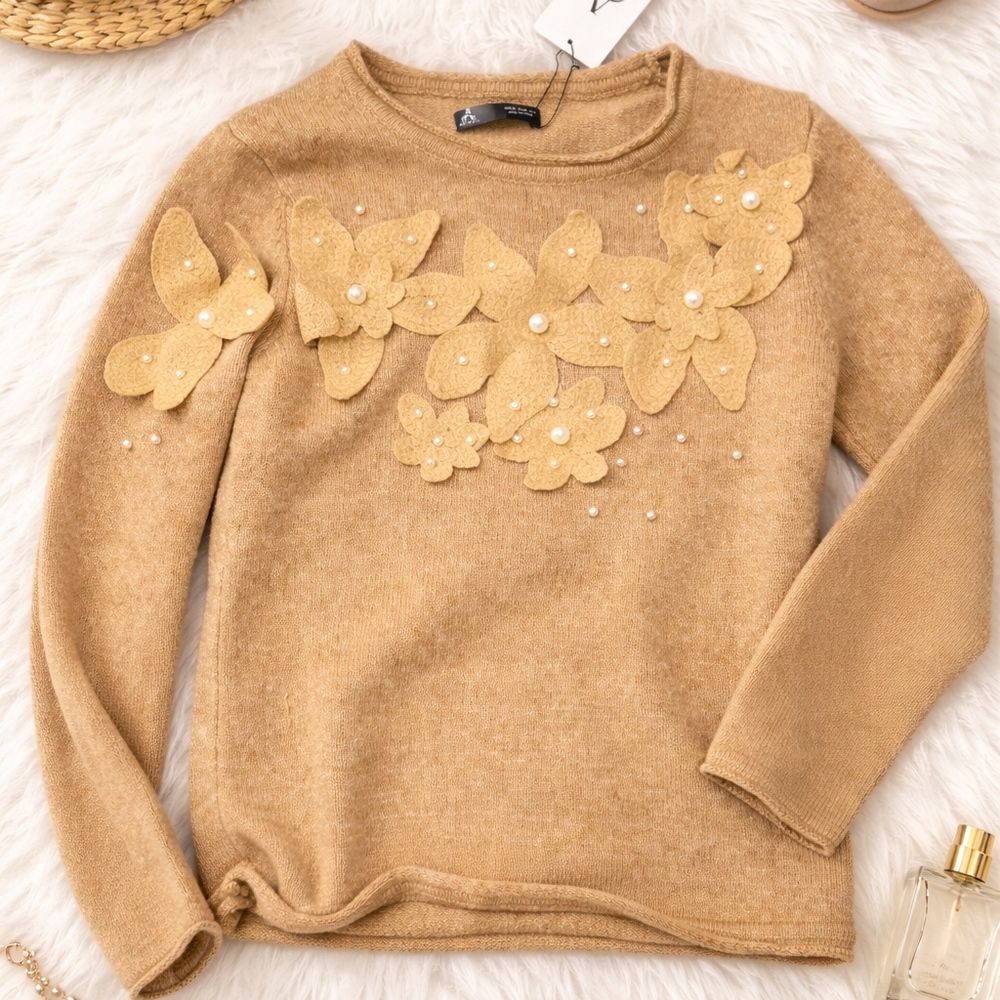 Women's Tan Sweater with Floral Embellishments
